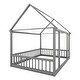 preview thumbnail 33 of 52, House Floor Bed with House Roof Frame and Safety Guardrails, Twin/Full Size Wooden Floor Montessori Bed House Bed for Kids
