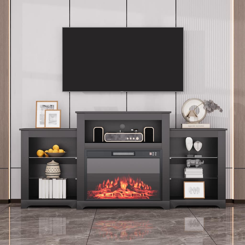 32" H TV Stand with Fireplace for TVs up to 80" - Remote Control, Energy-Efficient Heater, 16-Color Light Strip