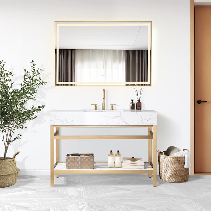 Ecija Bath Vanity, Metal Support with Composite Stone Top, no Mirror