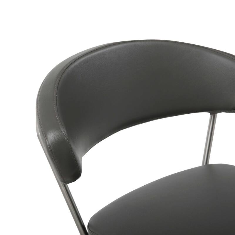 Black Faux Leather Bucket Bar Stool with Silver Stainless Steel Pedestal, Adjustable Height - 22” x 20” x 34” (D x W x H)