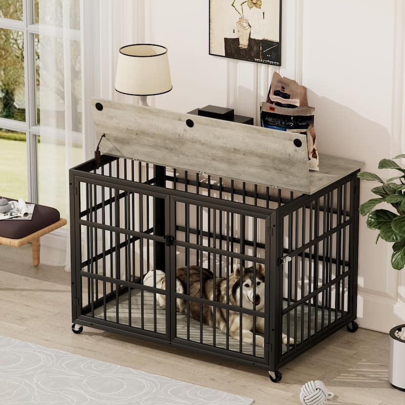 Bedroom Dog House Dog Kennel with Rolling Casters and Interactive Top Dog Cage Dog Crate Dog Room - Grey