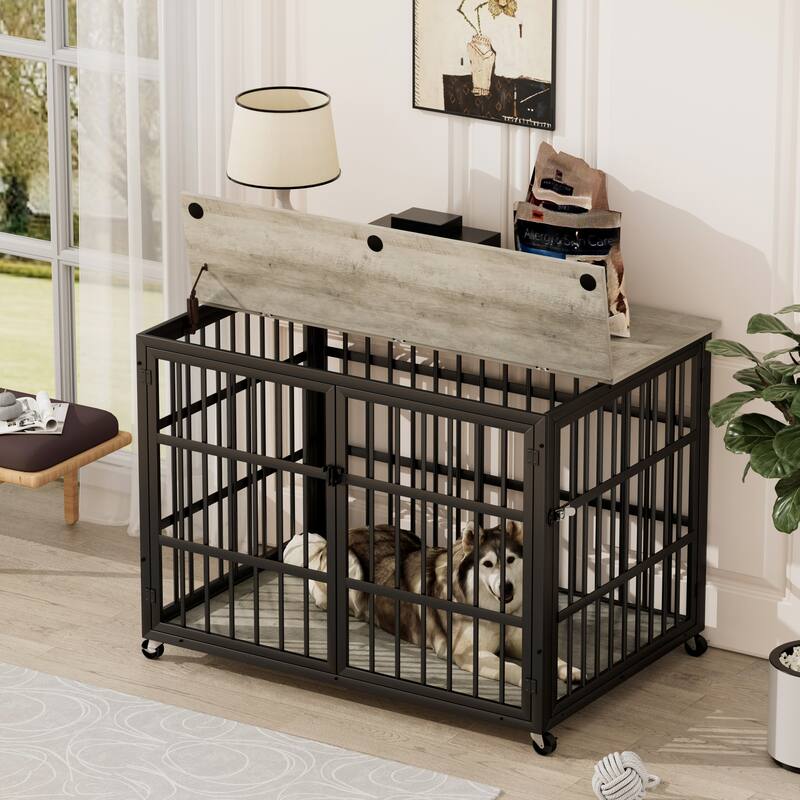 Decorative Pet House, Dog Crate Furniture with Iron Frame Door and wheels - Grey