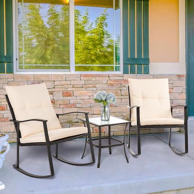 Futzca 3 Piece Outdoor Rocking Chair Set, Cushioned Patio Rocker Chair Wicker Bistro Set of 2 with Glass Table, Beige