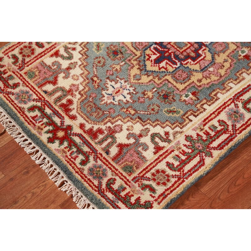 Hand Knotted Oriental 100% Wool Carpet Traditional Geometric Greys & Charcoal Heriz (serapi) Runner Rug - 8' 2'' X 2' 6''