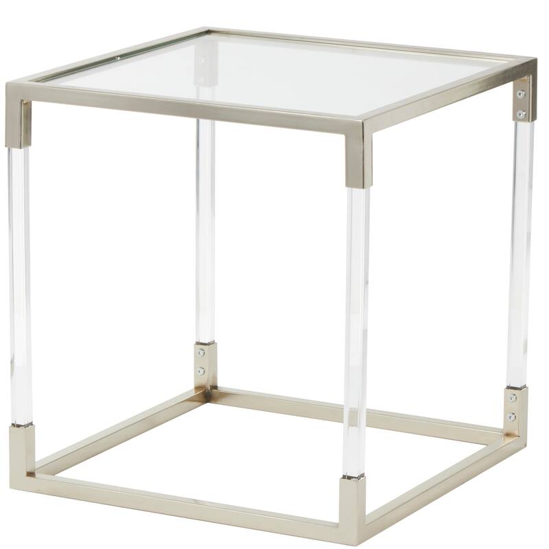 Silver Metal Cube Shaped Side End Accent Table with Clear Glass Top and Acrylic Legs