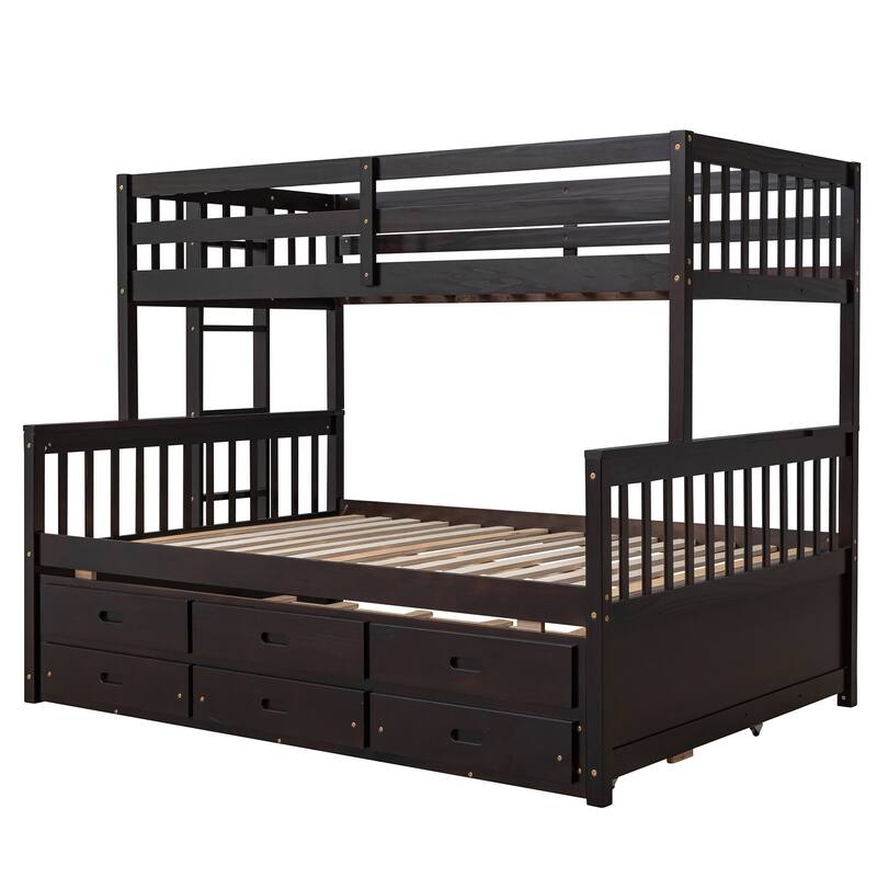 Twin-Over-Full Bunk Bed with Trundle and Drawers, Space-Saving Kids Bedroom Furniture in Espresso