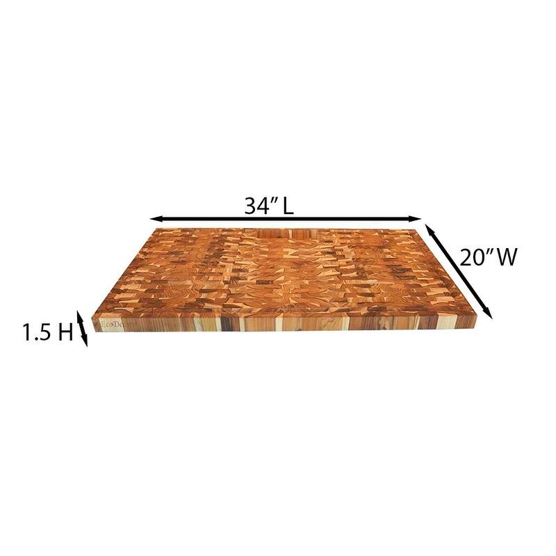 EcoDecors Extra Large Solid Teak Butcher Block 34 x 20 End Grain Cutting Board with Juice Groove, Waste Slot, Integrated Handles