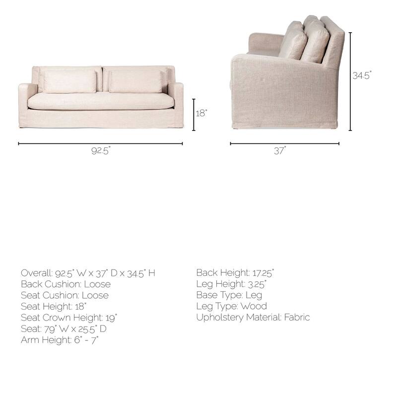Denly Beige Fabric Slipcover w/ Double Stacked Back Cushions Sofa - 92.5"W x 38.2"D x 34.5"H