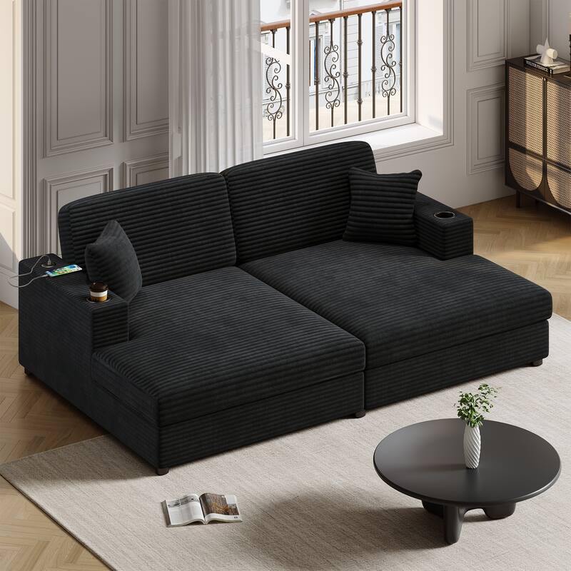 86.5" Oversized Corduroy Loveseat Chaise Lounge Sectional Sofa Bed with USB Ports, Cup Holders and Throw Pillows, Black - Multi-Color