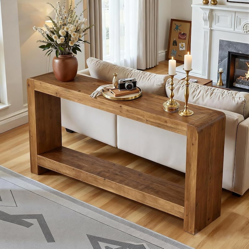 Solid Wood Console Table with Storage, 63-Inch Farmhouse Entryway Table - 62.99" L x 11.81" W x 33.46" H - Natural Wood