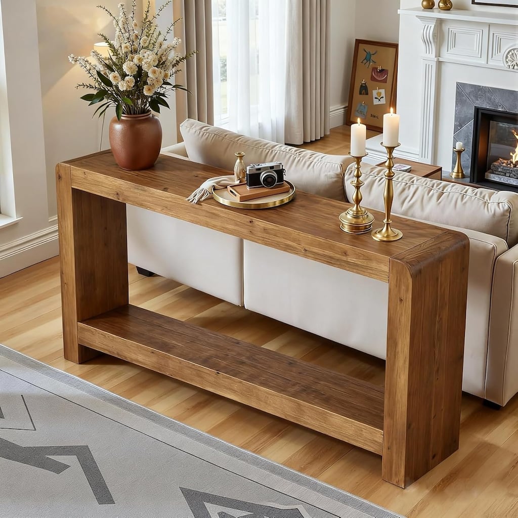 Solid Wood Console Table with Storage, 63-Inch Farmhouse Entryway Table - 62.99" L x 11.81" W x 33.46" H