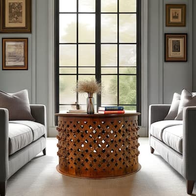 Lattice 30" Round Artisan Coffee Table - Elegant Finish Intricate Carving Solid Wood Accent Table