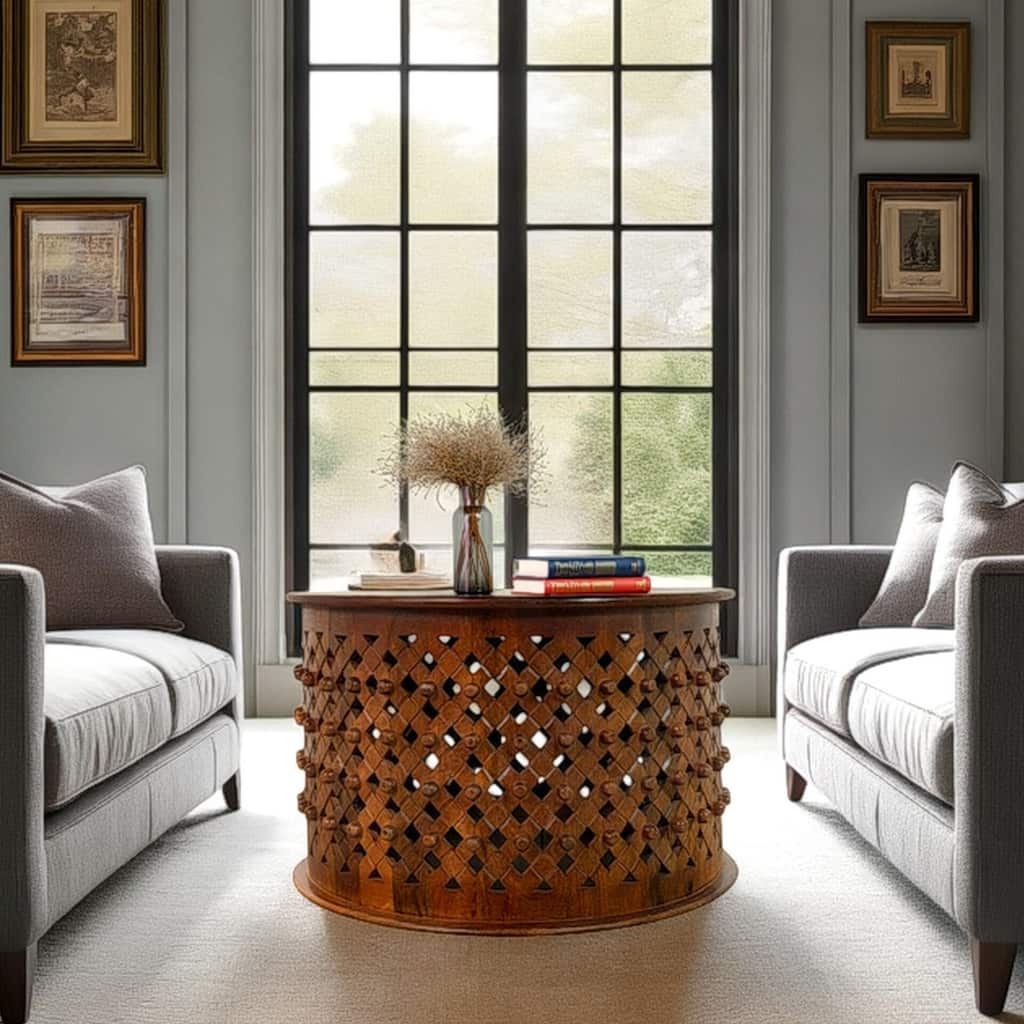 Lattice 30" Round Artisan Coffee Table - Elegant Finish Intricate Carving Solid Wood Accent Table