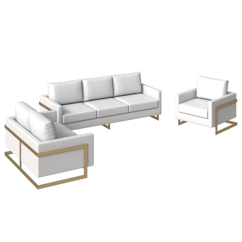 3-Piece Leather Sofa Set with Gold Stainless Steel Base and Removable Cushions