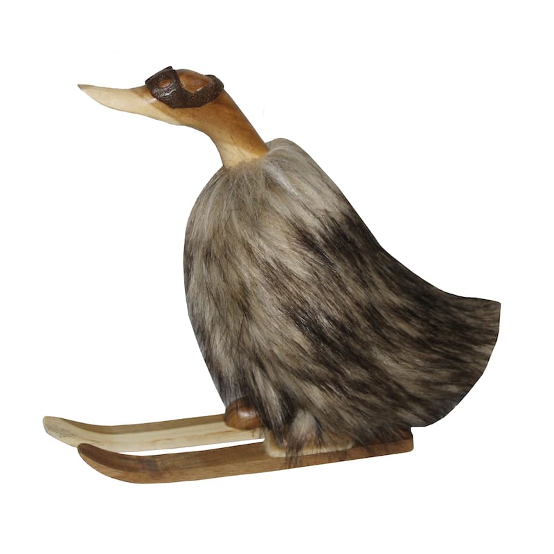 Decorative Wooden Skiing Duck Figurine Sculpture - 11", Ivory & Tan - 10.75"