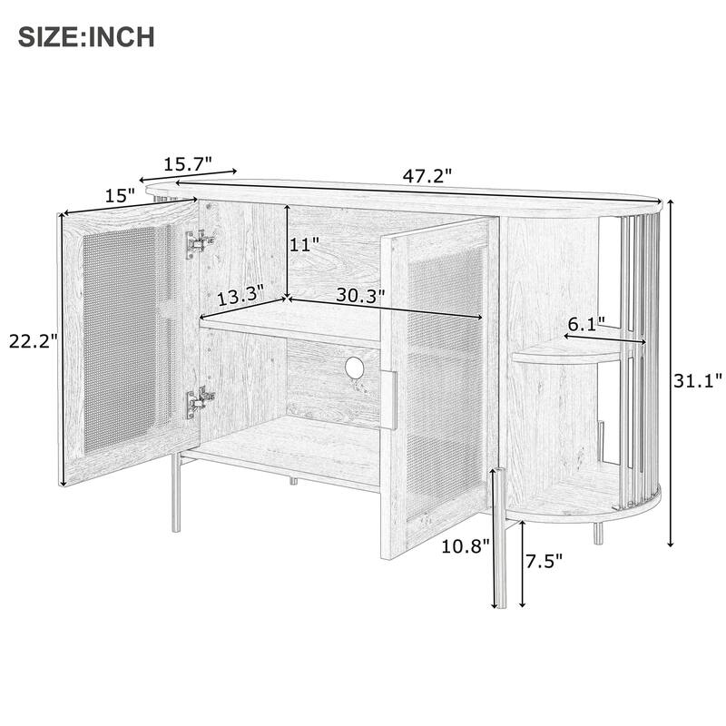 Curved Black Sideboard with Woven Rattan Doors and Open Storage