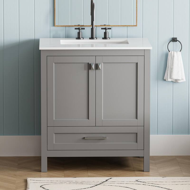Bathroom Vanity with Sink, Storage Cabinet with Marble Countertop, Bathroom Vanities with Soft Close Doors and Large Drawer - Grey