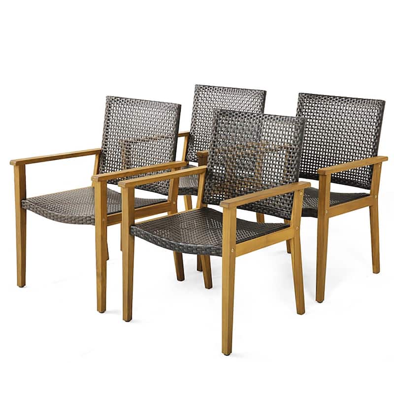 Set of 4 Outdoor Patio Dining Chairs Acacia Wood Rattan Armchairs