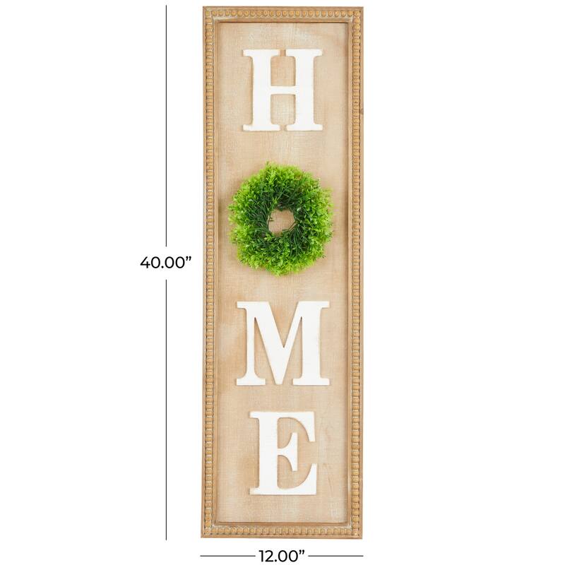 Light Brown Wood Handmade White Lettered HOME Sign Decorative Sign with Beaded Frame and Green Wreath