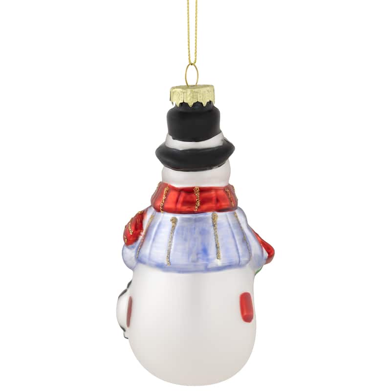 5" Red and Green Snowman with Presents Hanging Glass Christmas Ornament