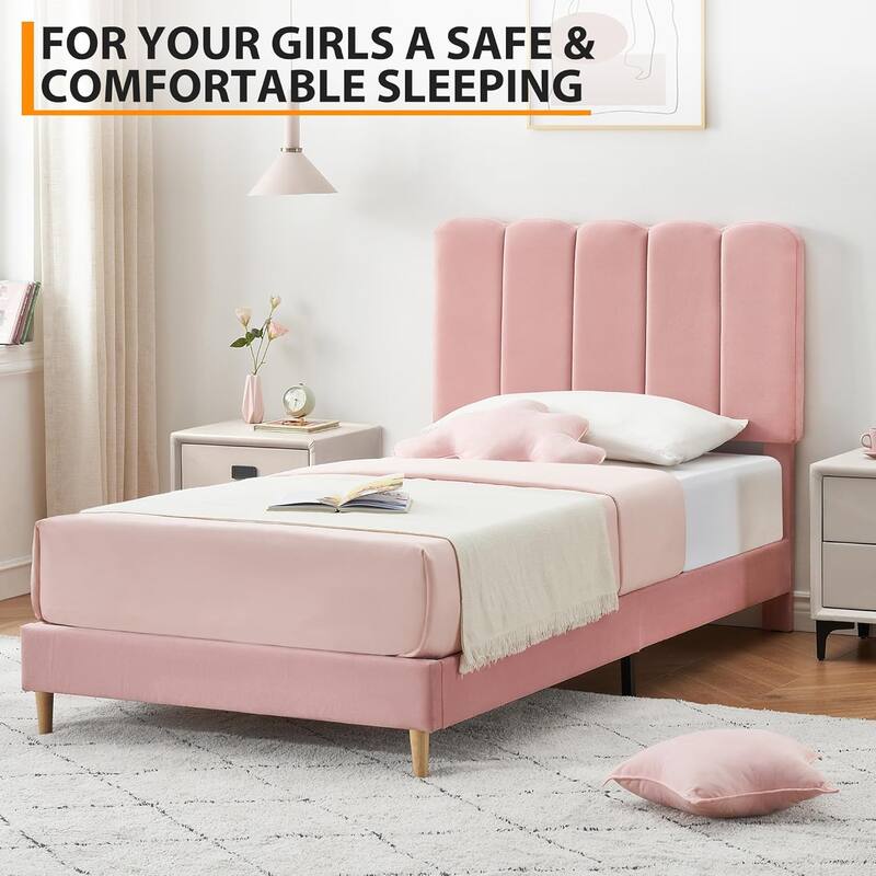 Twin Upholstered Platform Bed Frame with Wave Headboard, Wood Slats, No Box Spring Needed, for Kids or Teens