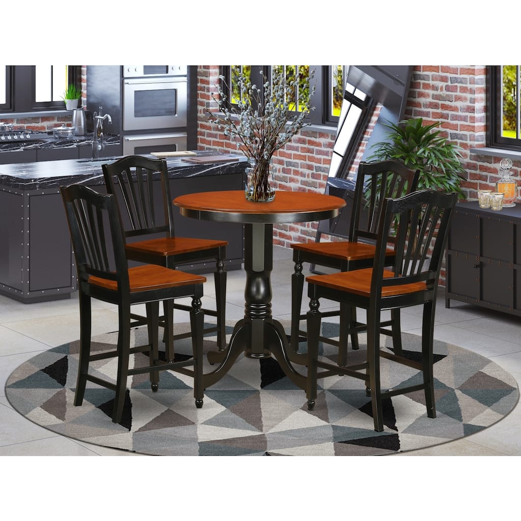 HomeStock 5-Piece Round Black Finish Solid Wood Top Dining table with 4 Chairs with Lattice Back