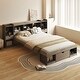 preview thumbnail 3 of 7, Queen Size Solid Pine Wood Platform Kids Bed Frame with Multi-Storage Headboard, Large Drawer, and Open Shelves, Grey