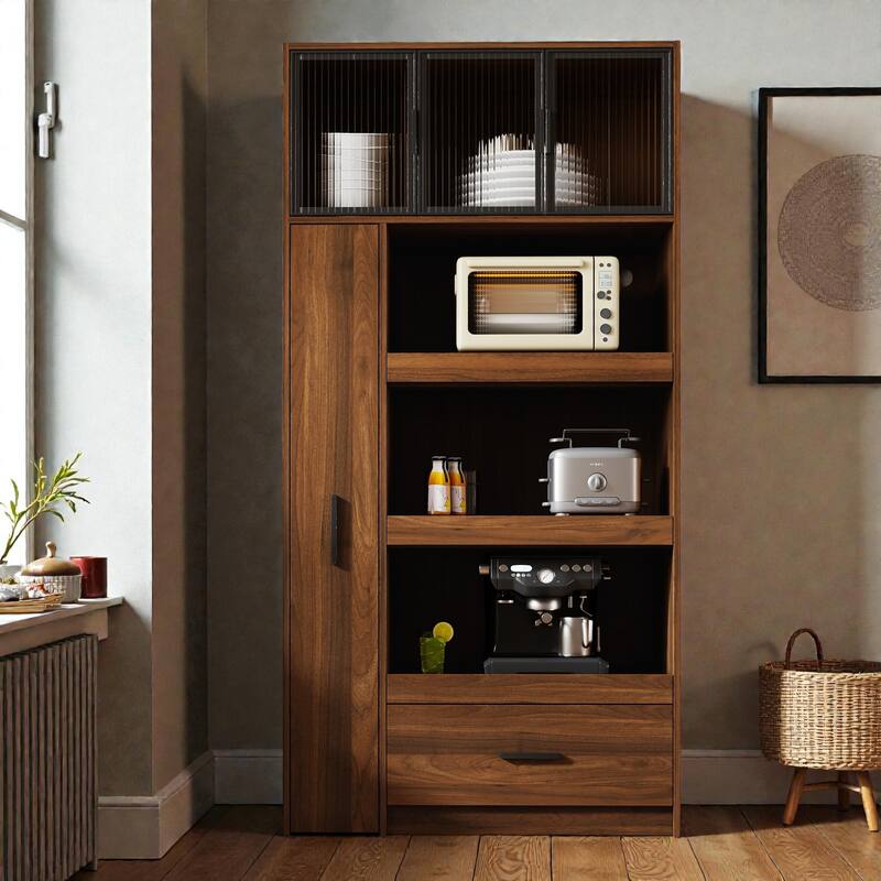 Tall Kitchen Pantry Cabinet with Pull-Out Multi-Tier Shelf, Drawer & Glass Door, Freestanding Hutch with Microwave Stand