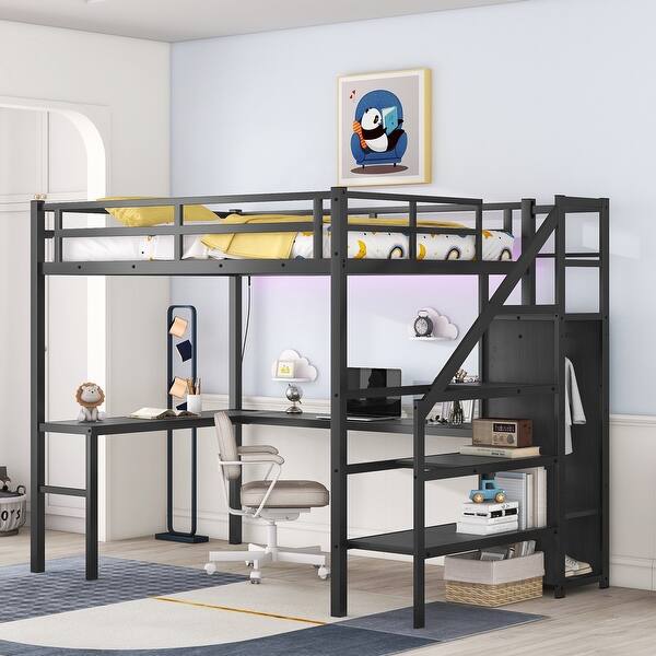 slide 2 of 11, Black Full Metal Storage Loft Bed with USB and L-shaped Desk, Shelves Black - Full