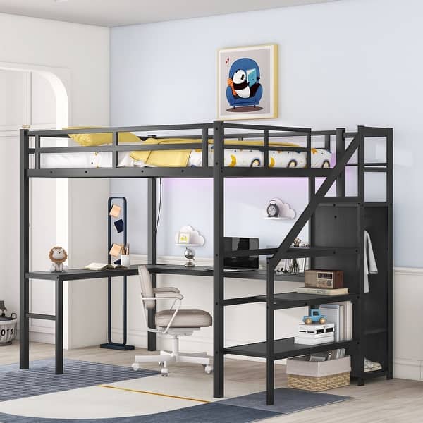 slide 2 of 16, Full Loft Bed with L-Shaped Desk, USB, Wardrobe & LED Lights Black - Full