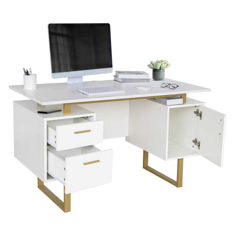 Sleek White Desk with Gold Metal Legs, Storage Drawers, and Cable Management for Modern Home Offices