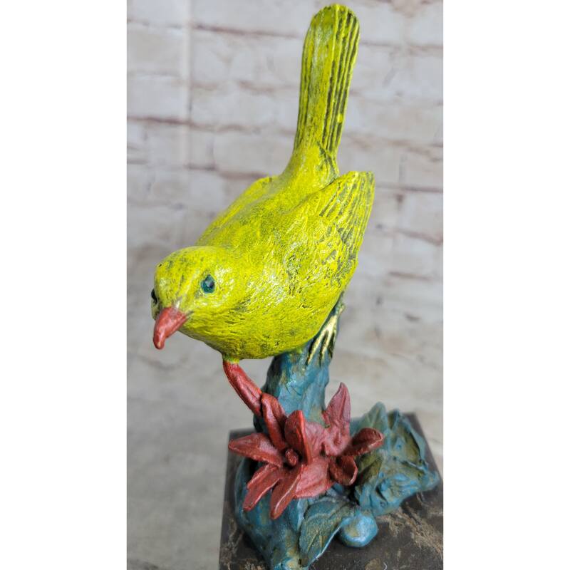 Bronze Metal Colorful Yellow Finch Songbird Bird Sculpture Statue Figurine Marble Base