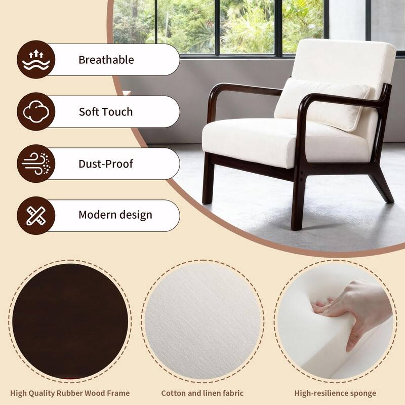 Mid-Century Modern Accent Chair with Solid Wood Frame and Detachable Lumbar Pillow for Living Room or Bedroom