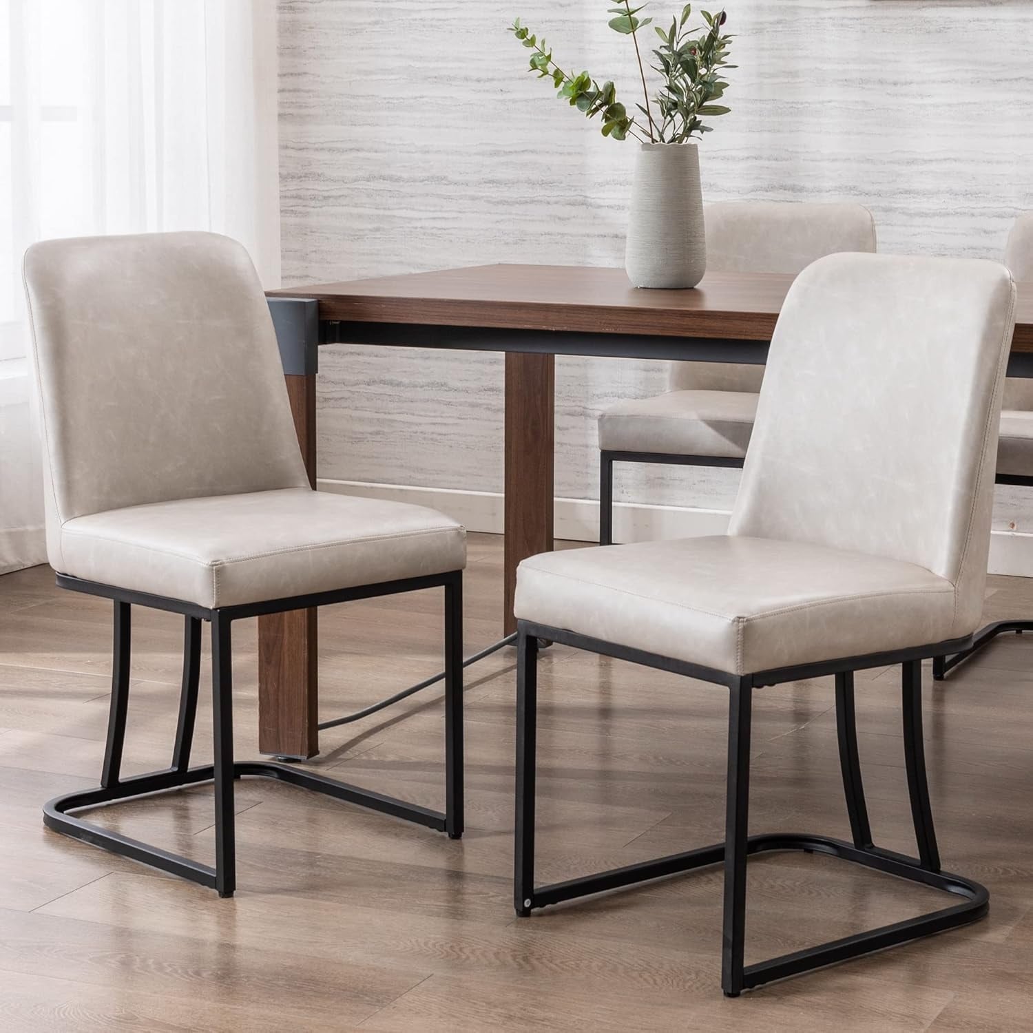 Set of 2 Grey Faux Leather Mid-Century Dining Chairs with Black Metal Legs for Kitchen Living Room