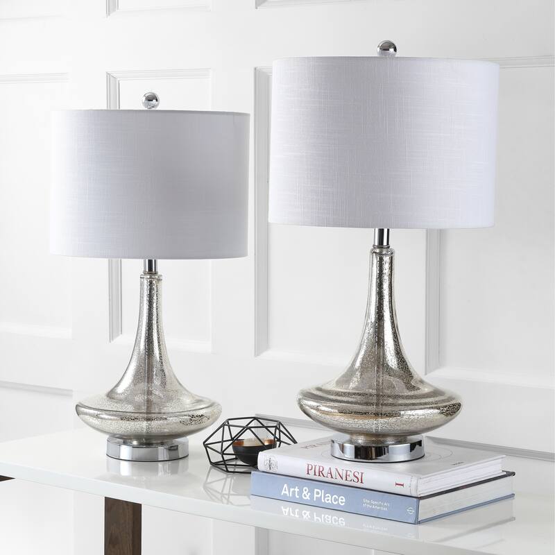 Ames 25.5" Glass Teardrop LED Table Lamp, Mercury Silver/Chrome (Set of 2) by JONATHAN Y
