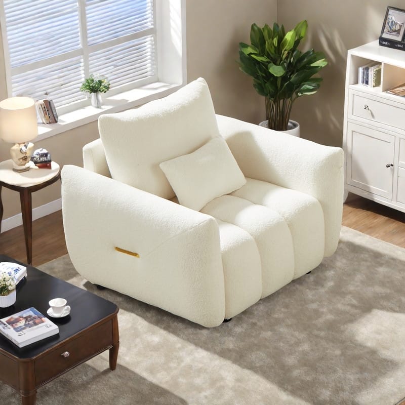 Teddy Fabric Lounge Chair with Solid Wood Frame, High-Resilience Foam, and Included Pillow - Beige