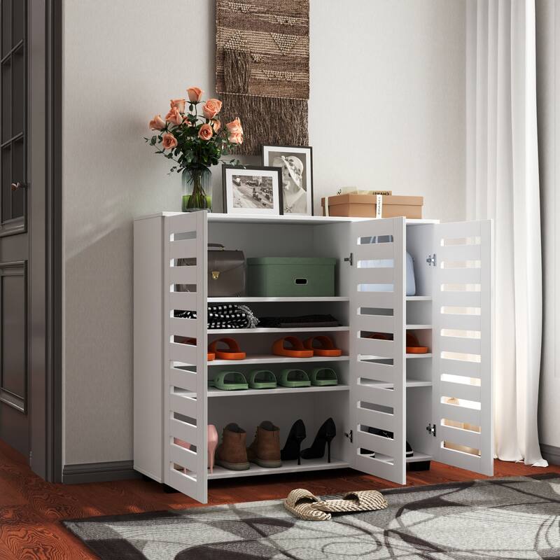Shoe Cabinet, 5-Tier Shoe Storage Cabinet with Adjustable Shelves, Wooden Shoe Rack Organizer with Louvered Doors