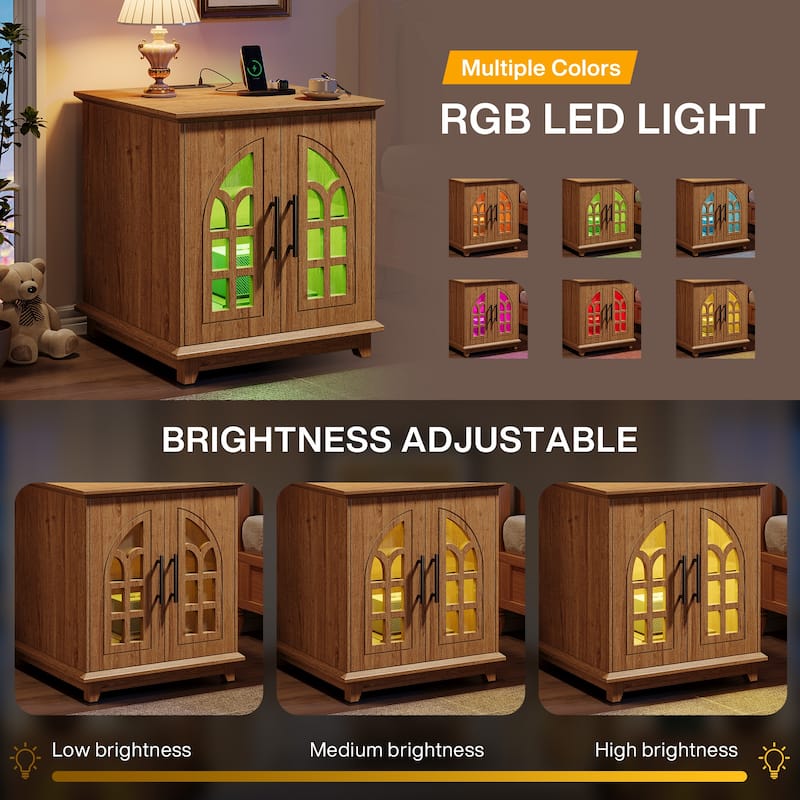 Farmhouse End Table with Charging Station & LED Light