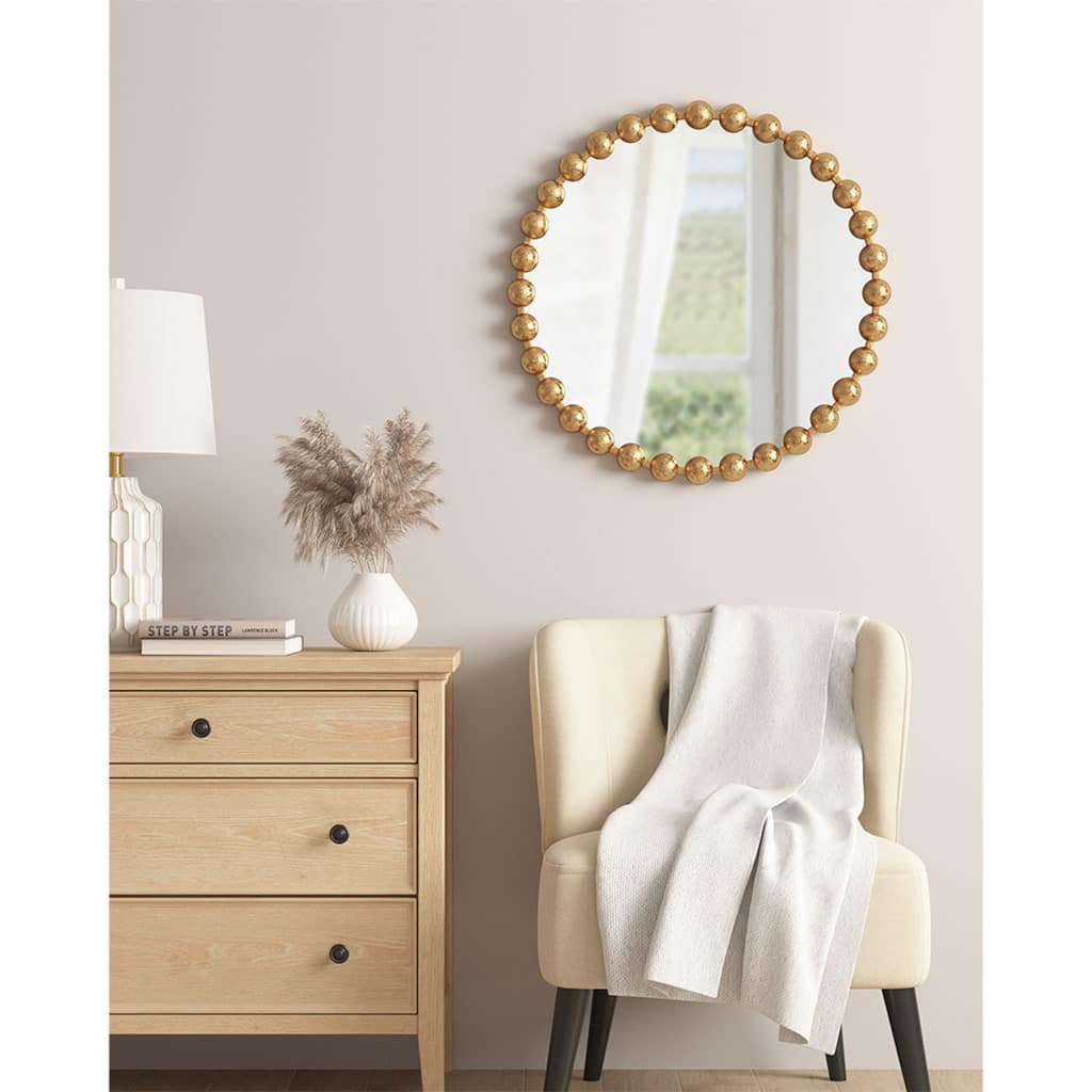 Roomfitters 27-Inch Beaded Round Wall Mirror, Metallic Iron Frame Decorative Glam Accent Mirror for Living Room