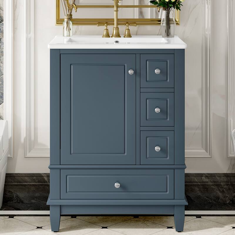 24" Bathroom Vanity with Ceramic Sink & Storage - Freestanding Cabinet, MDF & Solid Wood Base, Modern Design for Small Bathrooms