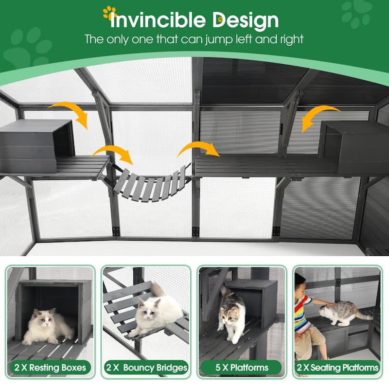 108.7" Outdoor Wooden Cat Enclosure with Bridge, Platforms & Houses