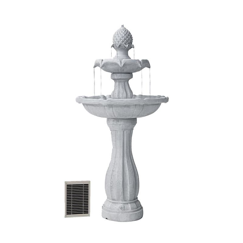 XBrand 44" H Fiberglass/Resin 2-Tier Solar Water Fountain w/ Solar Panel and Auto-Shut Off Pump, Solar Garden Fountain - White