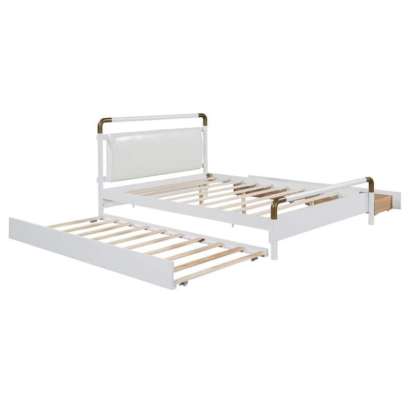Queen Size Wood Platform Bed with 2 Drawers and T-XL Size Trundle