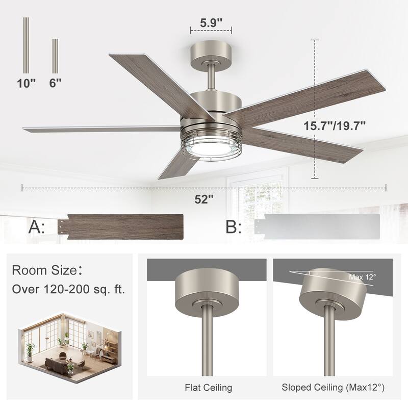 72/52-inch Reversible 8/5-Blade Dimmable LED Ceiling fan with Light and Remote