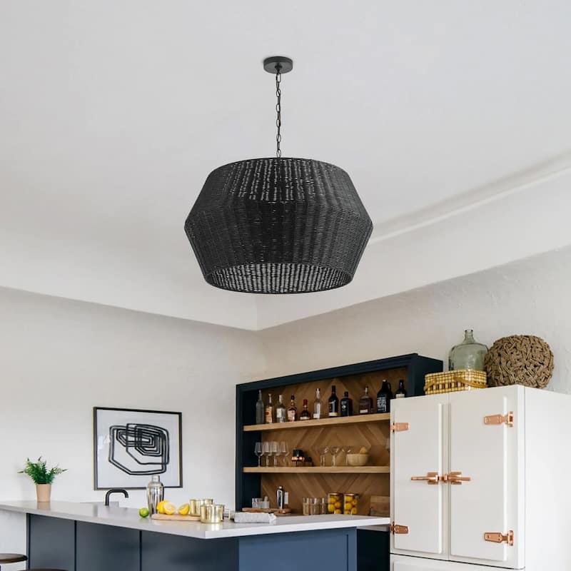 Matte Black 6-Light Natural Handwoven Rattan Pendant Lighting Fixture