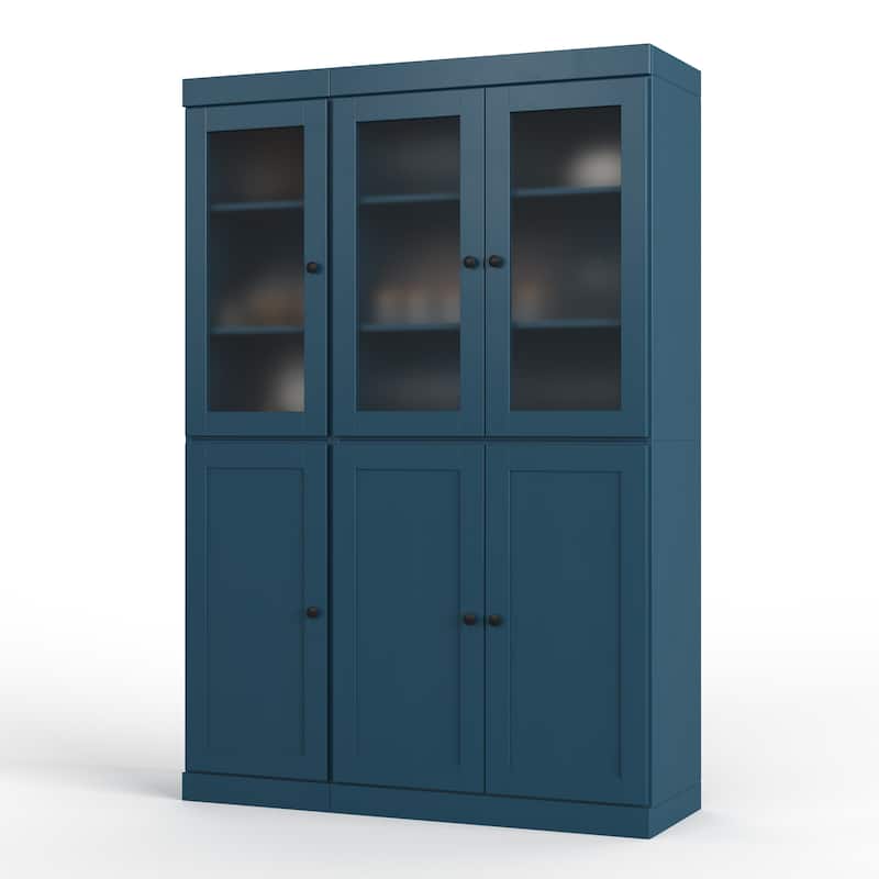 Palace Imports 100% Solid Wood 48.5" Pantry Cabinet with Frosted Glass, Shaker Doors, 2-Drawers and Adjustable Shelves - Teal Blue