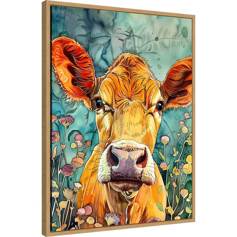 Cow in Flowers by Justyna Jaszke Framed Canvas Wall Art
