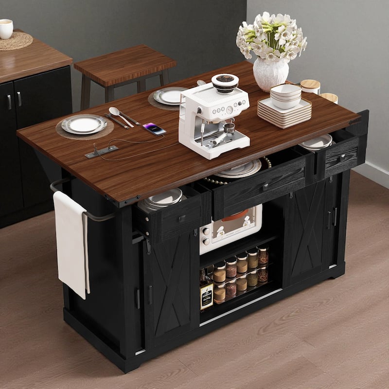 58" Farmhouse Kitchen Island with Drop Leaf, Sliding Barn Door, Power Outlet, and Rolling Storage Cabinets