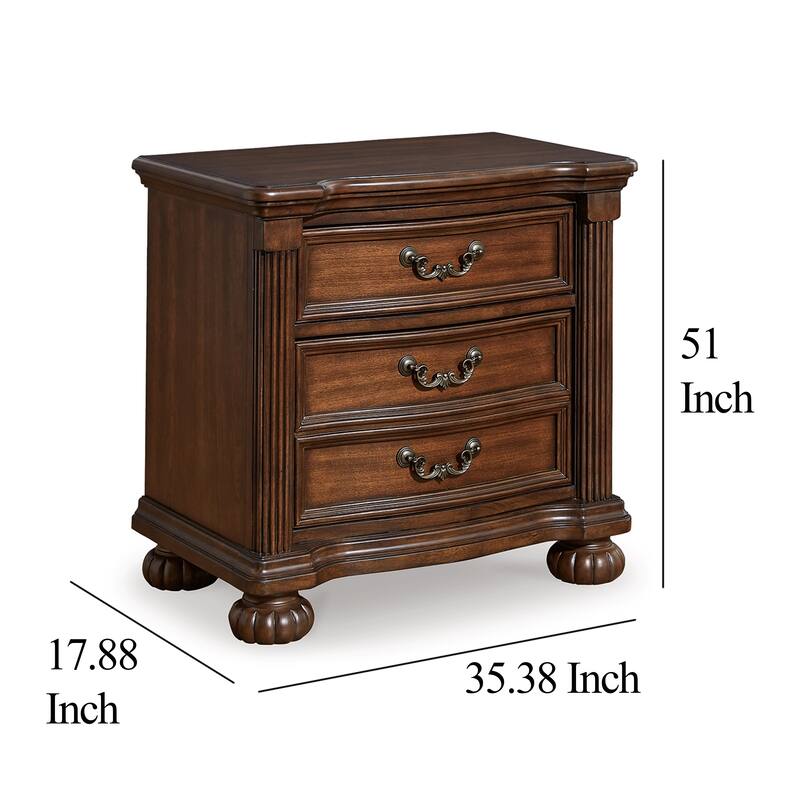 Laon Nightstand, 3 Drawer, Bronze, 29 Inch Cherry Brown Solid Hardwood