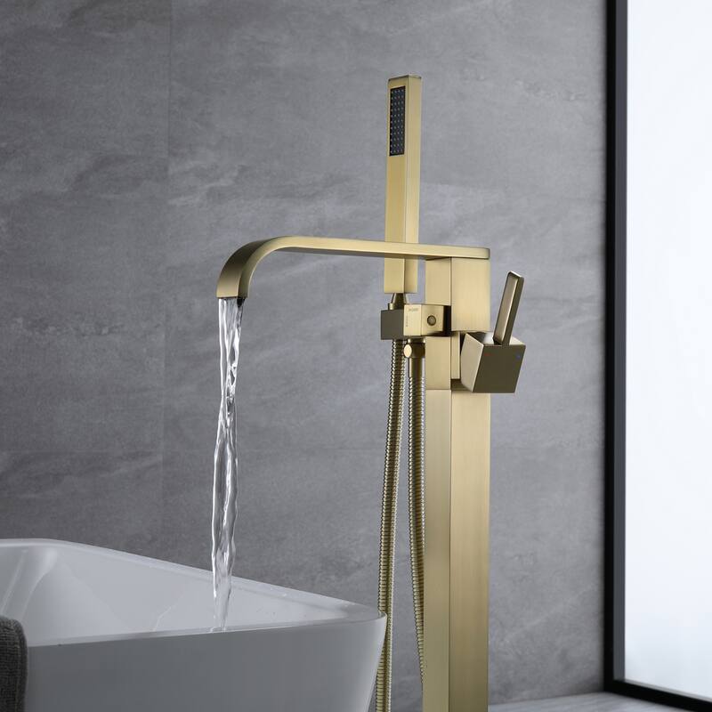 Waterfall Double Handles Freestanding Floor Mounted Tub Faucet With Hand Shower